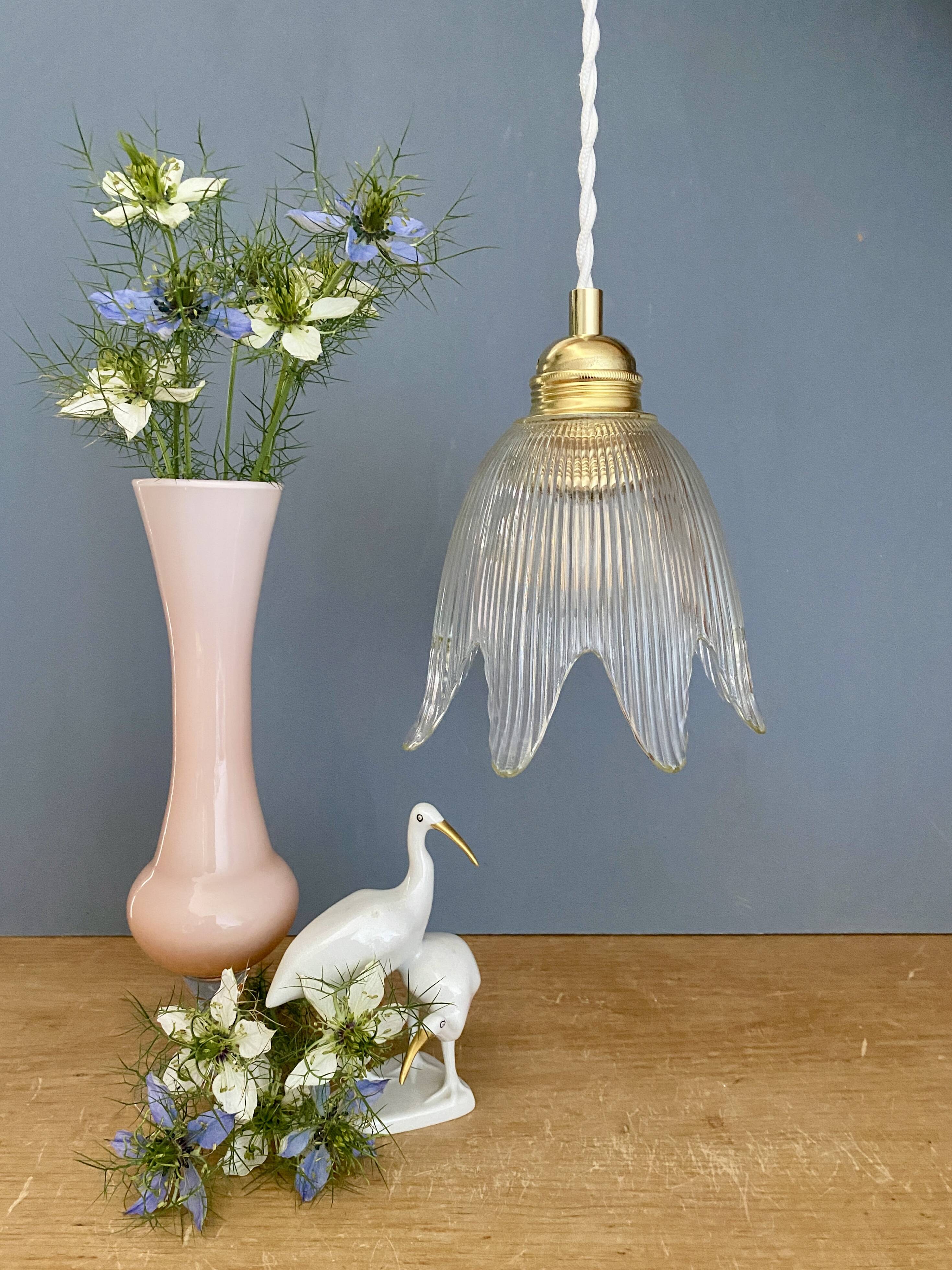 Vintage tulip flower pendant light in ribbed glass