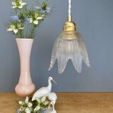 Vintage tulip flower pendant light in ribbed glass
