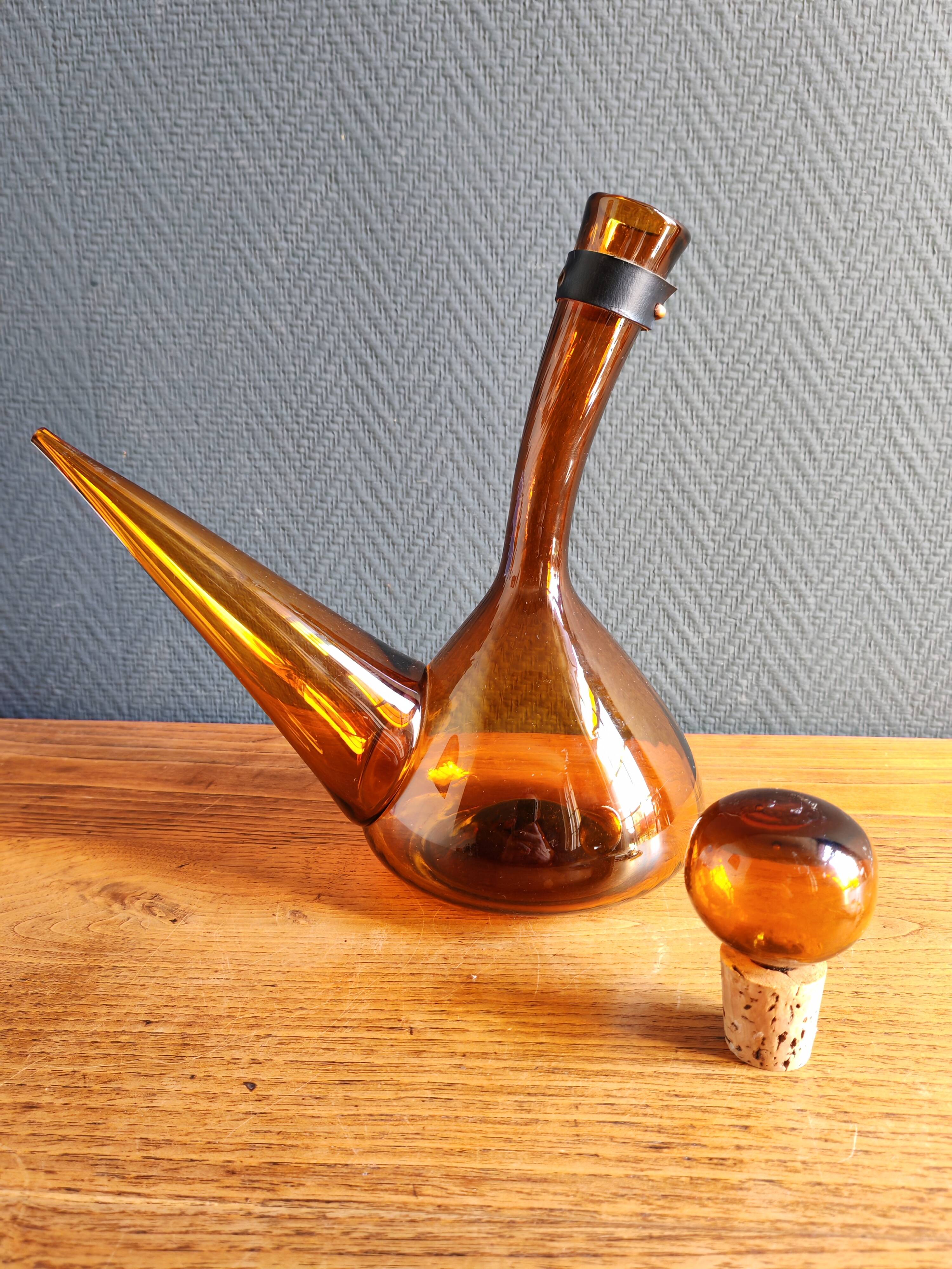 Vintage Amber Glass Wine Carafe - Artisan Decanter in Porron Style