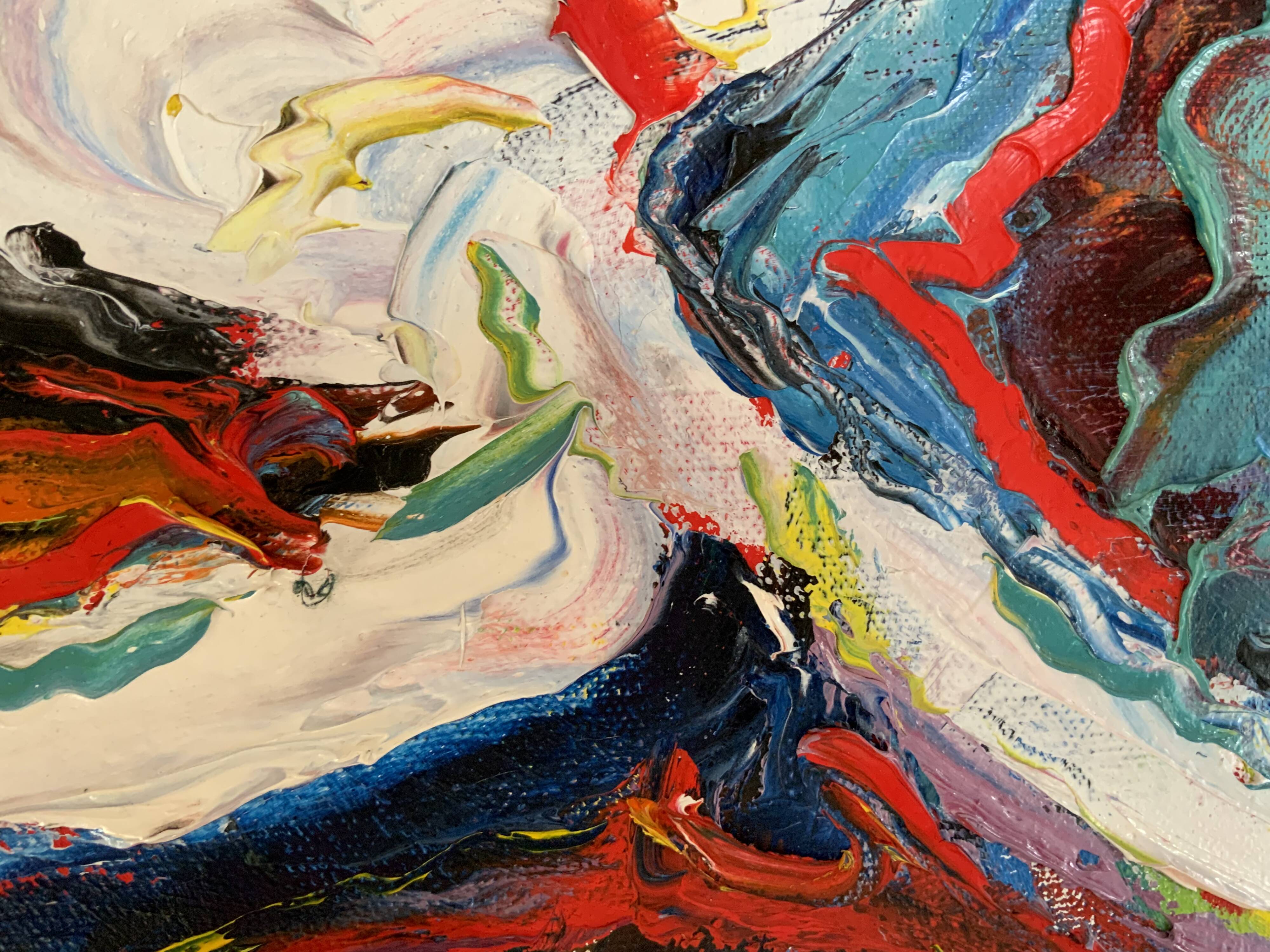 Petite peinture abstraite vintage de paysage, signée Axel, années 1970.