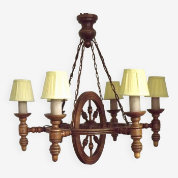 Lustre rustique double roue en bois