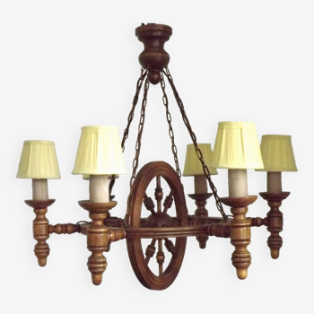 French vintage rustic wooden double wheel 6 light chandelier fabric shades 4409