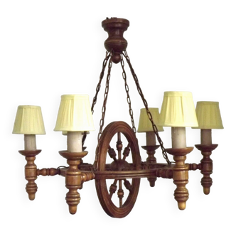 French vintage rustic wooden double wheel 6 light chandelier fabric shades 4409