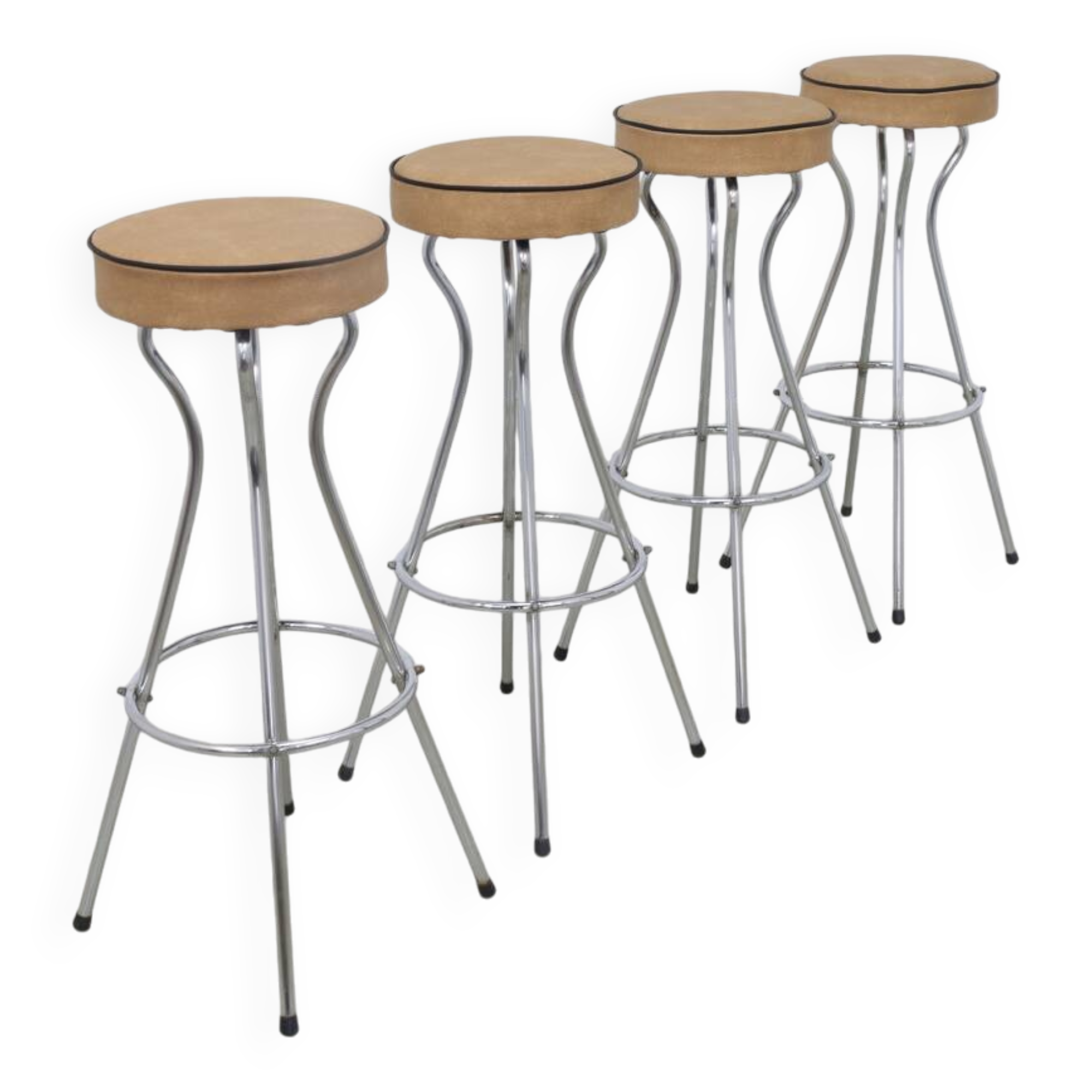Lot de 4 tabourets de bar vintage en chrome, années 1960, rembourrage NEUF