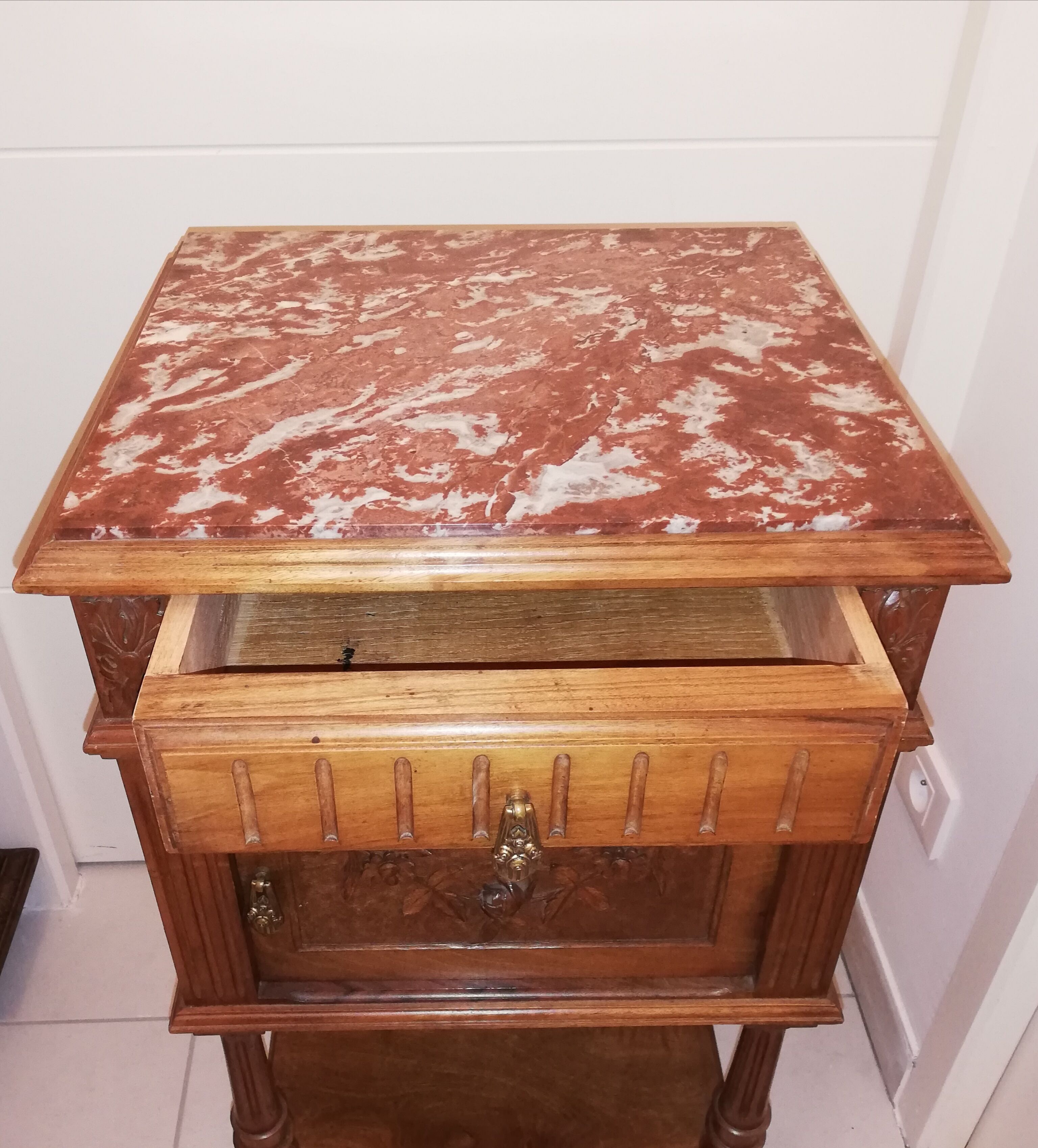 Louis XVI style bedside with marble top and carved door