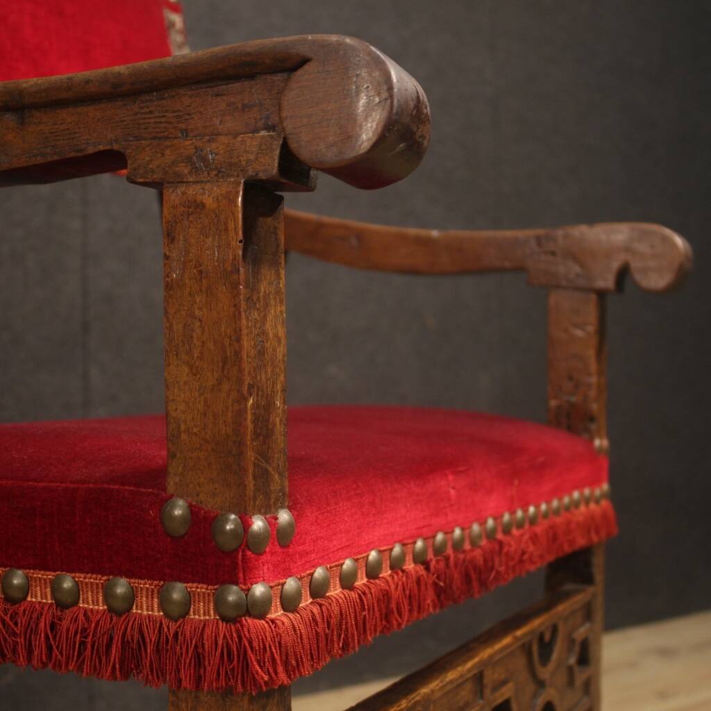 Antique Italian Walnut Armchair With Red Fabric From 19th Century