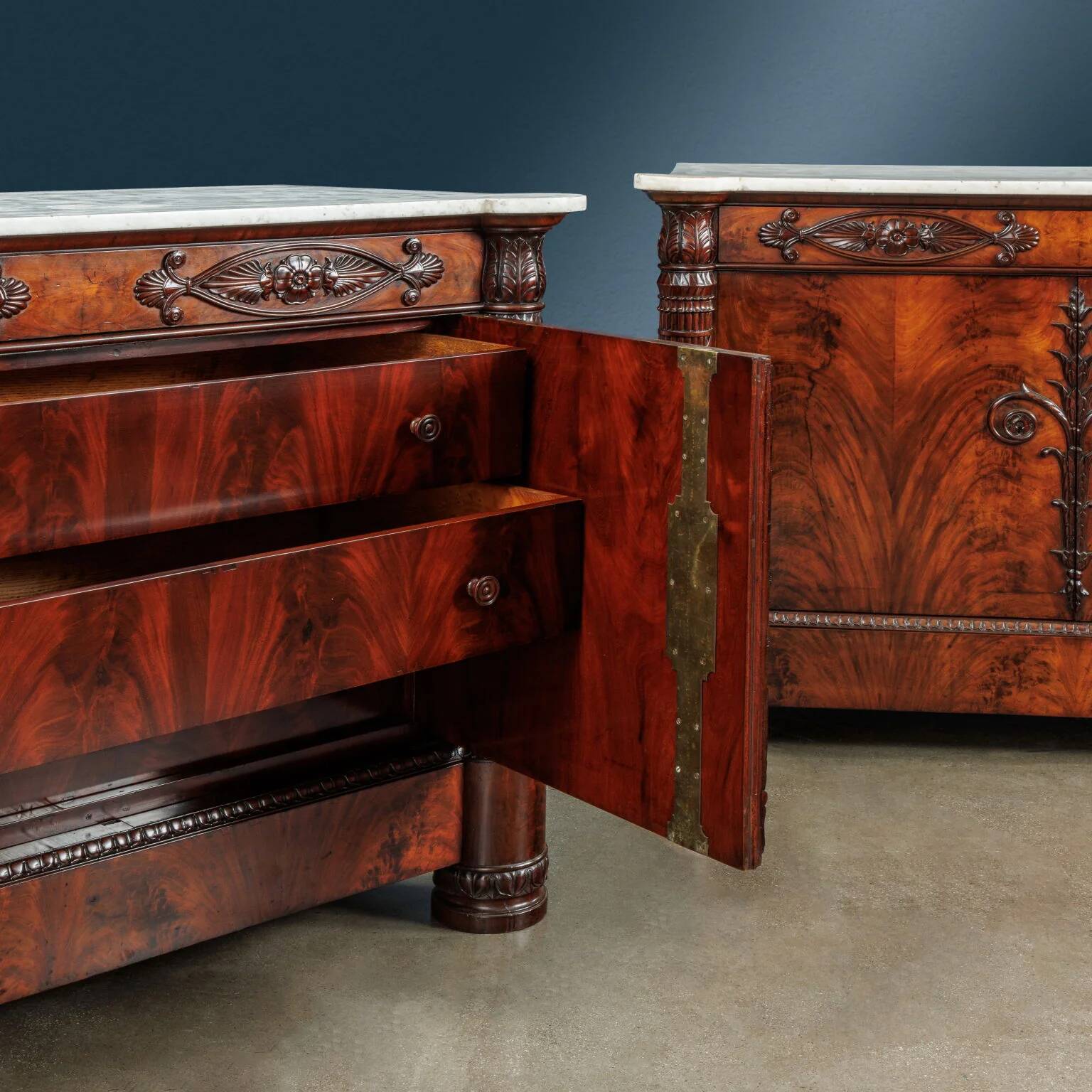 Restored antique buffets in chestnut, mahogany, and marble, 19th century.