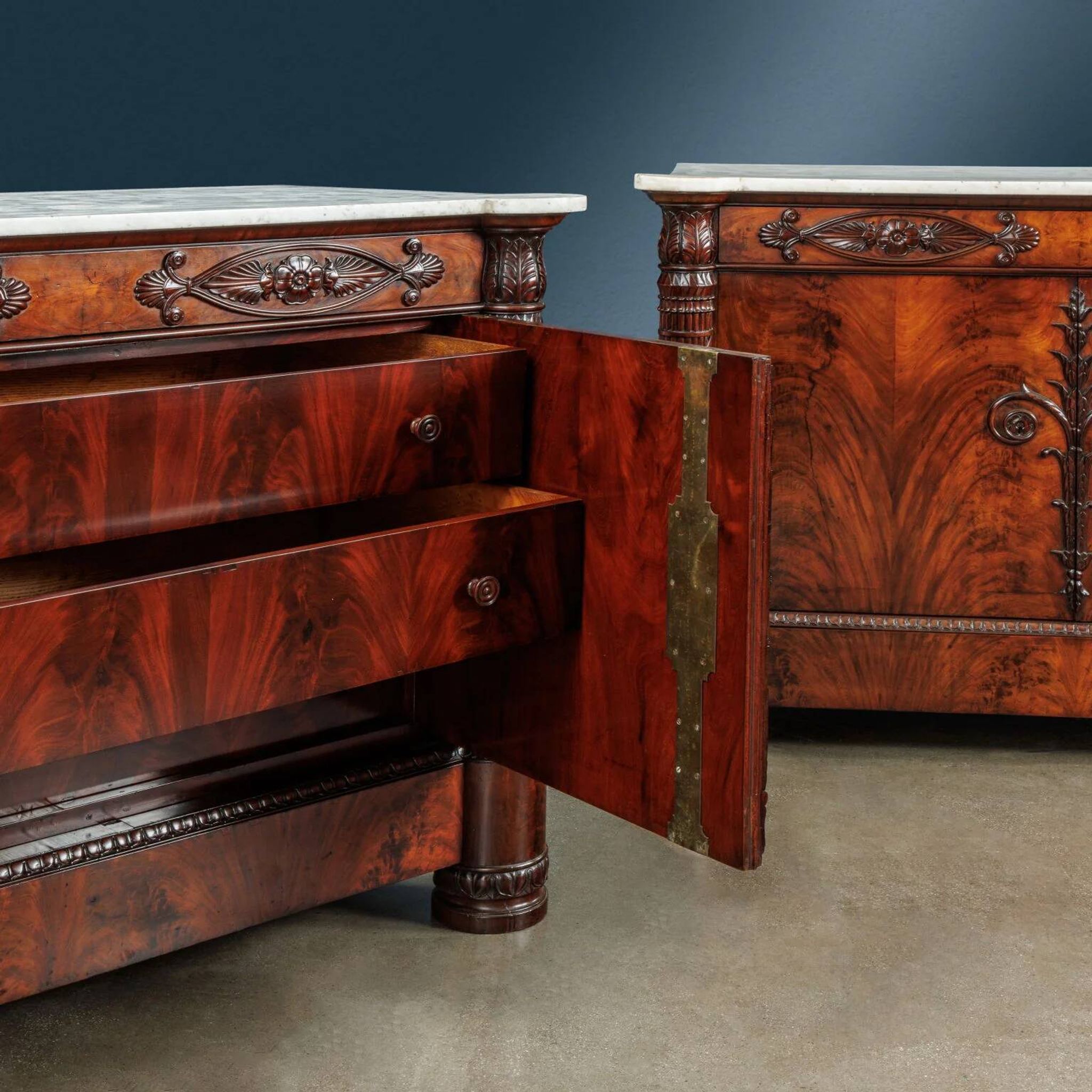 Restored antique buffets in chestnut, mahogany, and marble, 19th century.