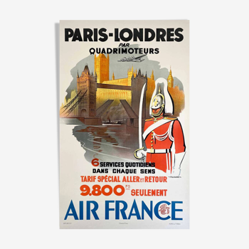 Poster Air France Paris London by four-engine by Falcucci 1950 - Small Format - On linen