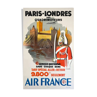 Affiche Air France Paris Londres par quadrimoteur par Falcucci 1950 - Petit Format - On linen