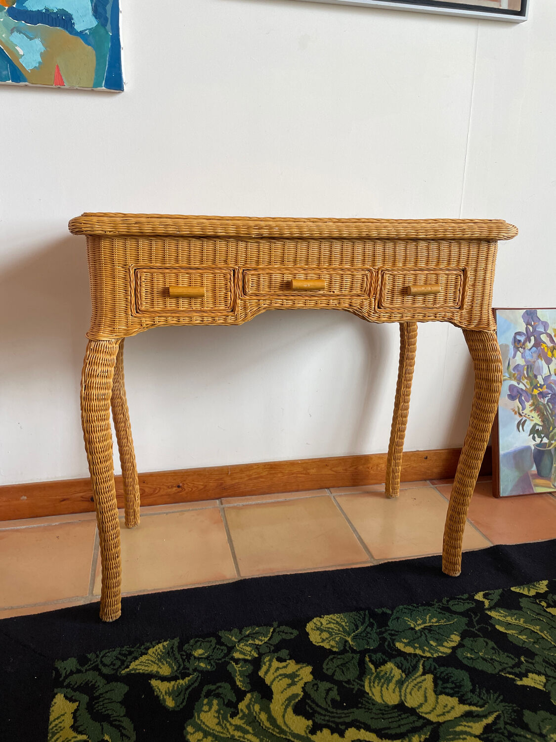 Rattan console desk with curved legs, 1970s