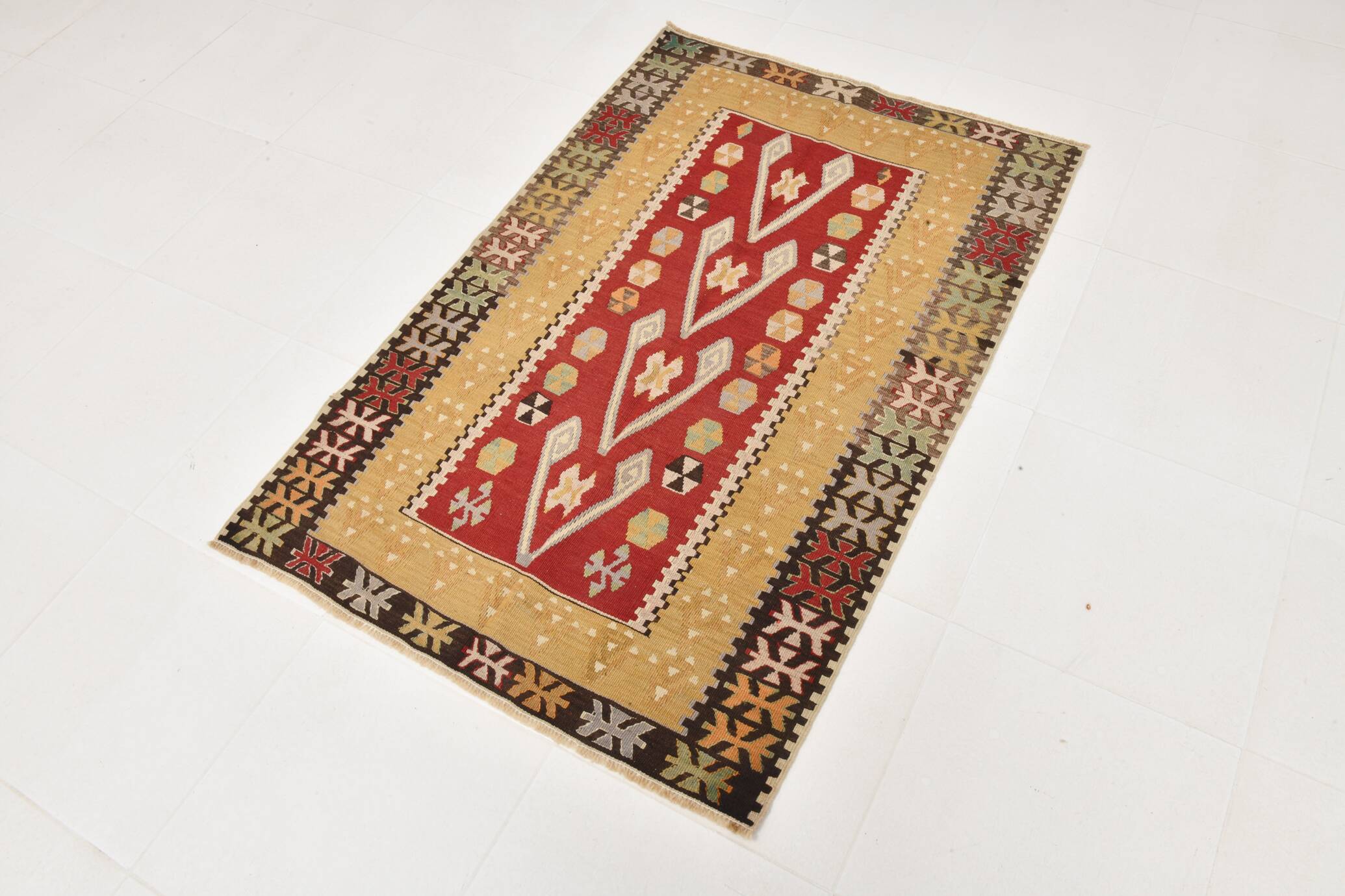 3x5 Red & Mustard Tribal Handmade Vintage Kilim Rug, 95x143Cm