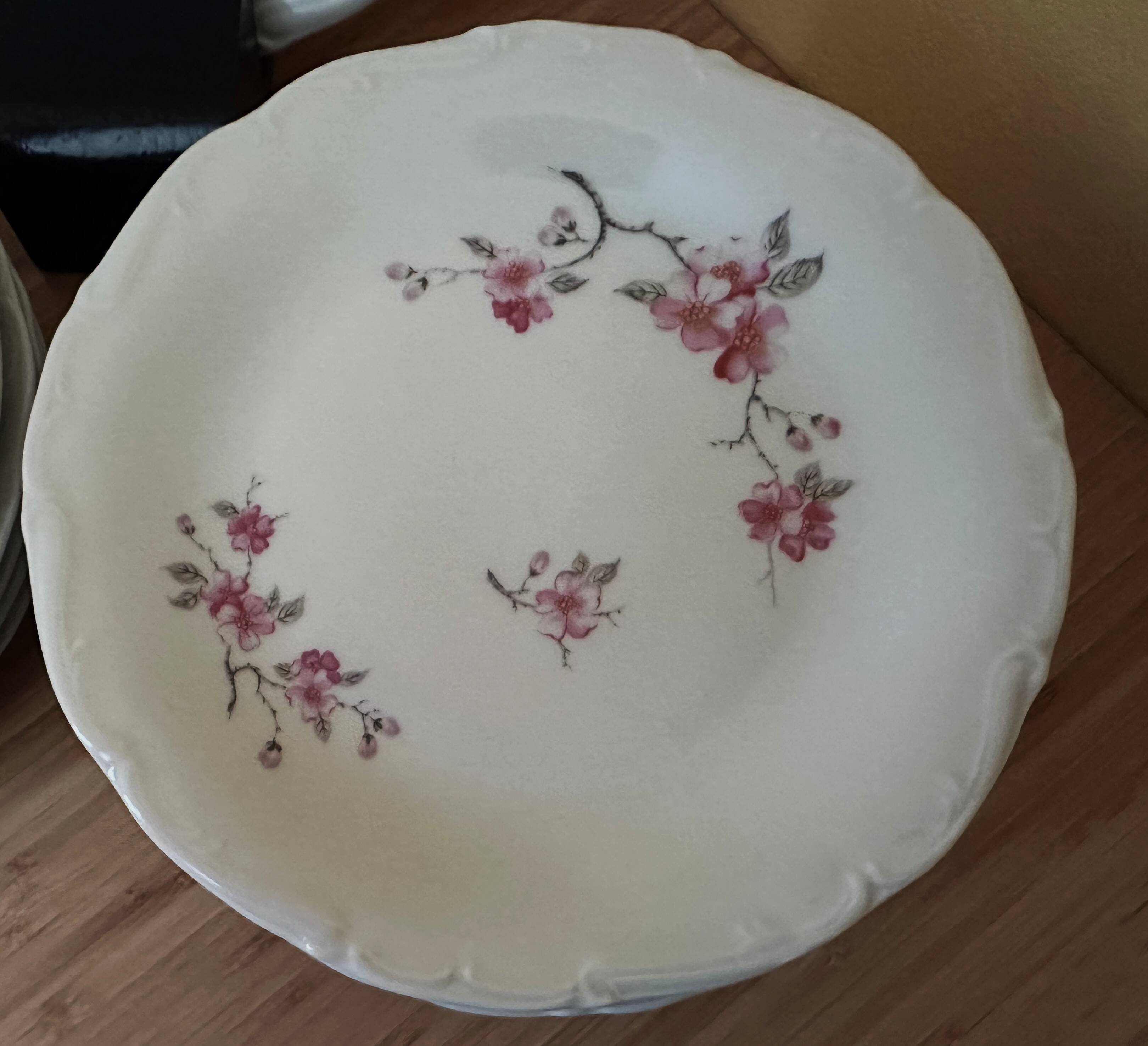 12 plates and 1 serving dish, white porcelain with apple blossom patterns.