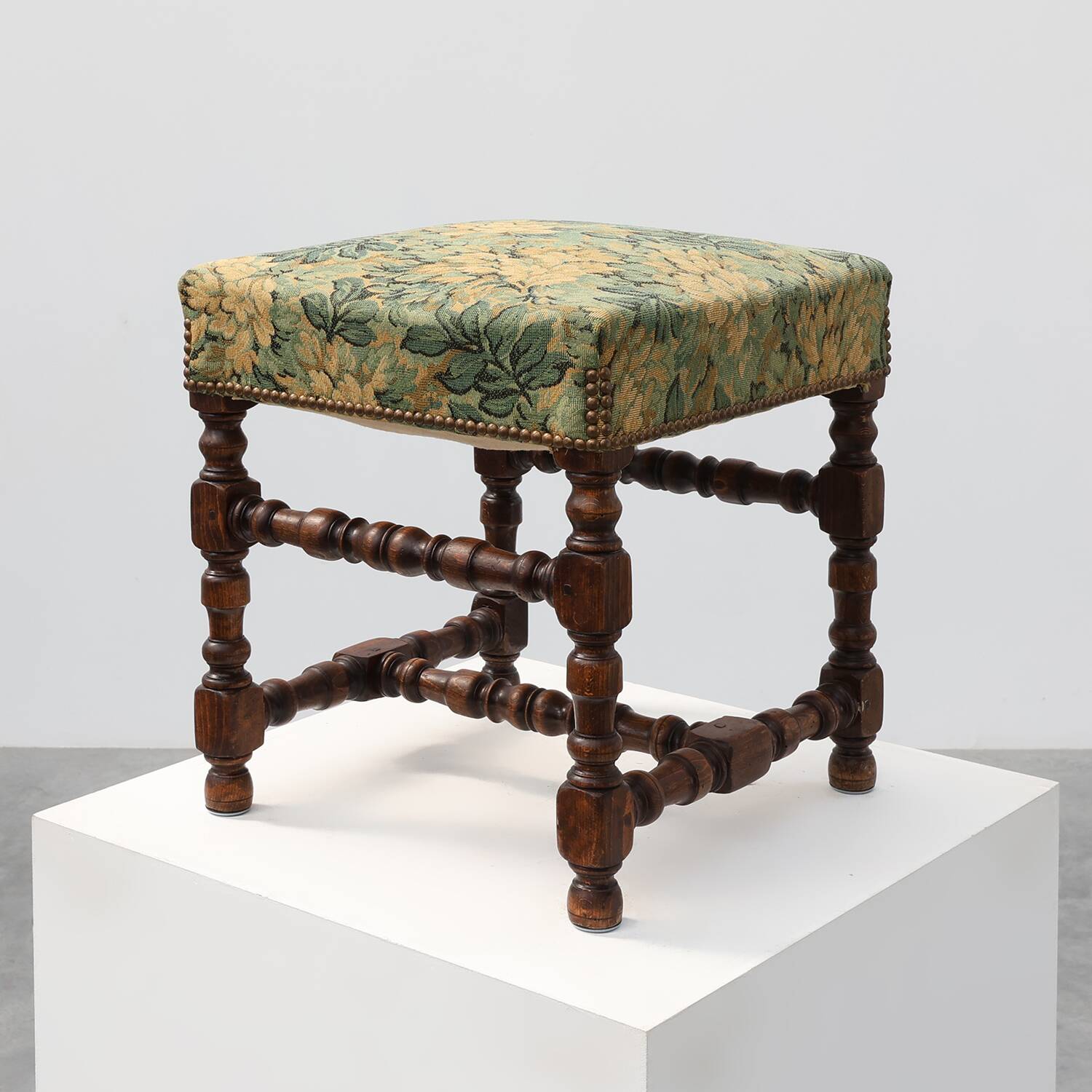Louis XIII‑Style Walnut Stool with Floral Tapestry Seat, France, circa 1840