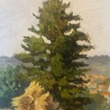 Oil on canvas rural landscape, village steeple and its countryside.