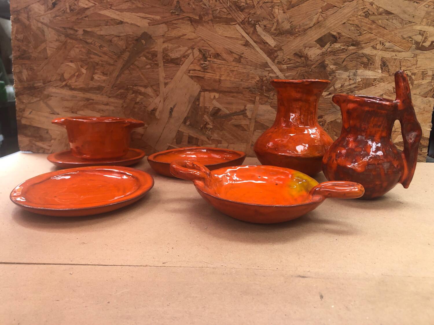 Old vallauris service 7 pieces empty pitchers pocket ceramic orange #a996