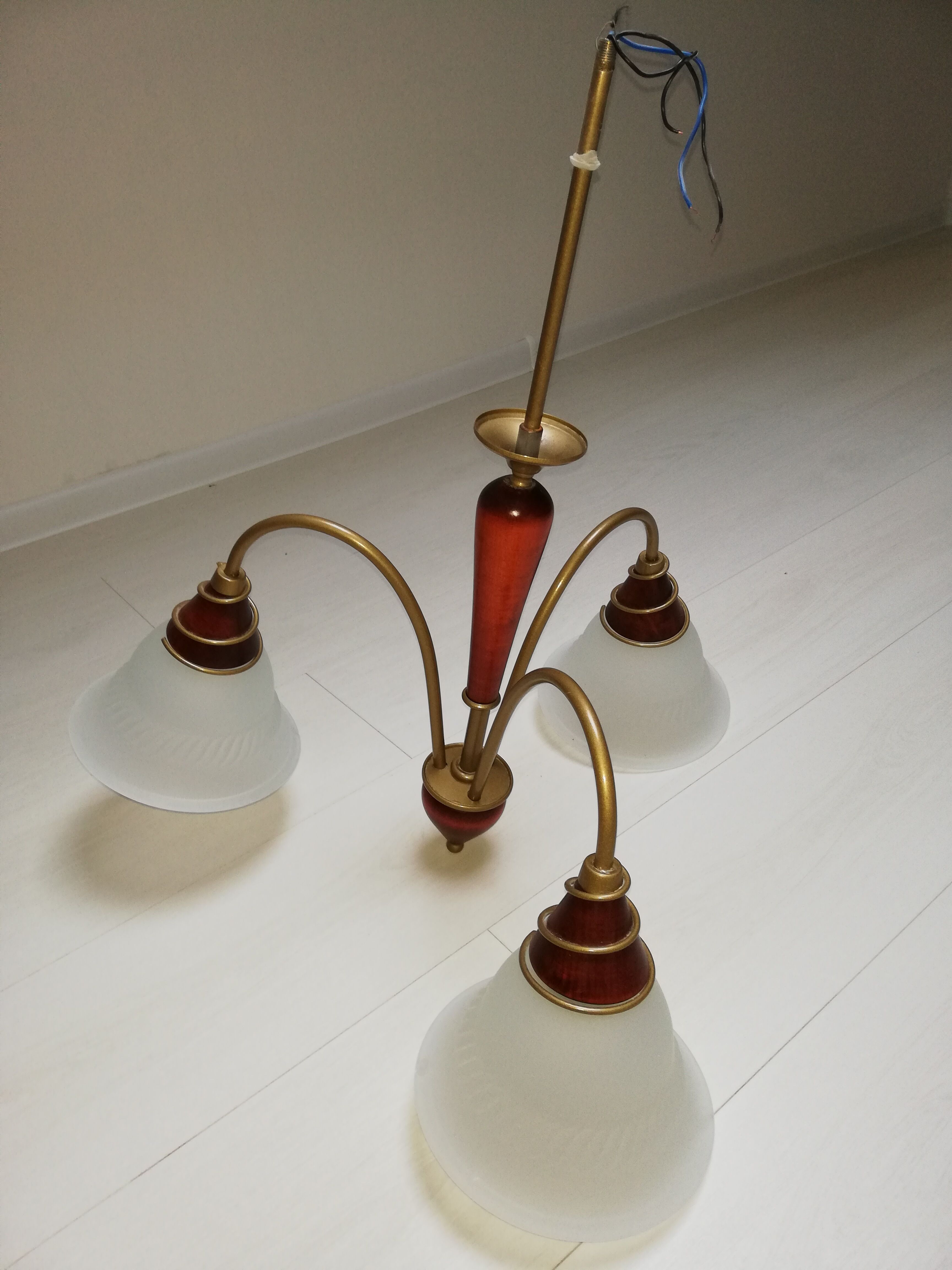 3-branched chandelier in opaline and wood