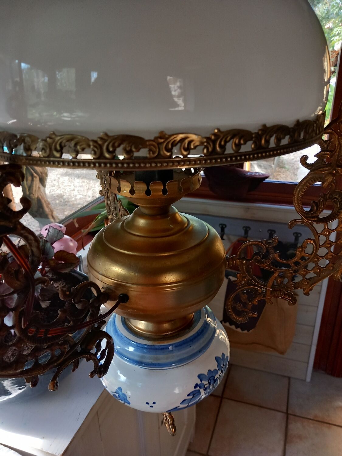 Old white opaline chandelier, brass and earthenware