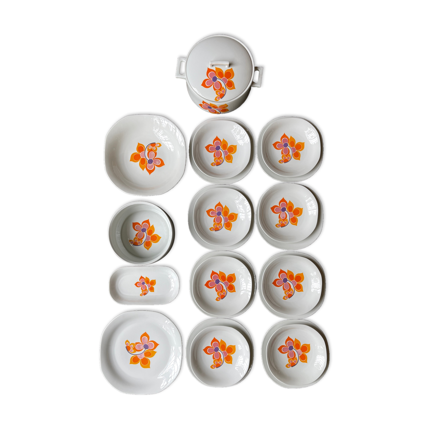 full service porcelain Masse Surget at Mehun vintage dish 1970 orange