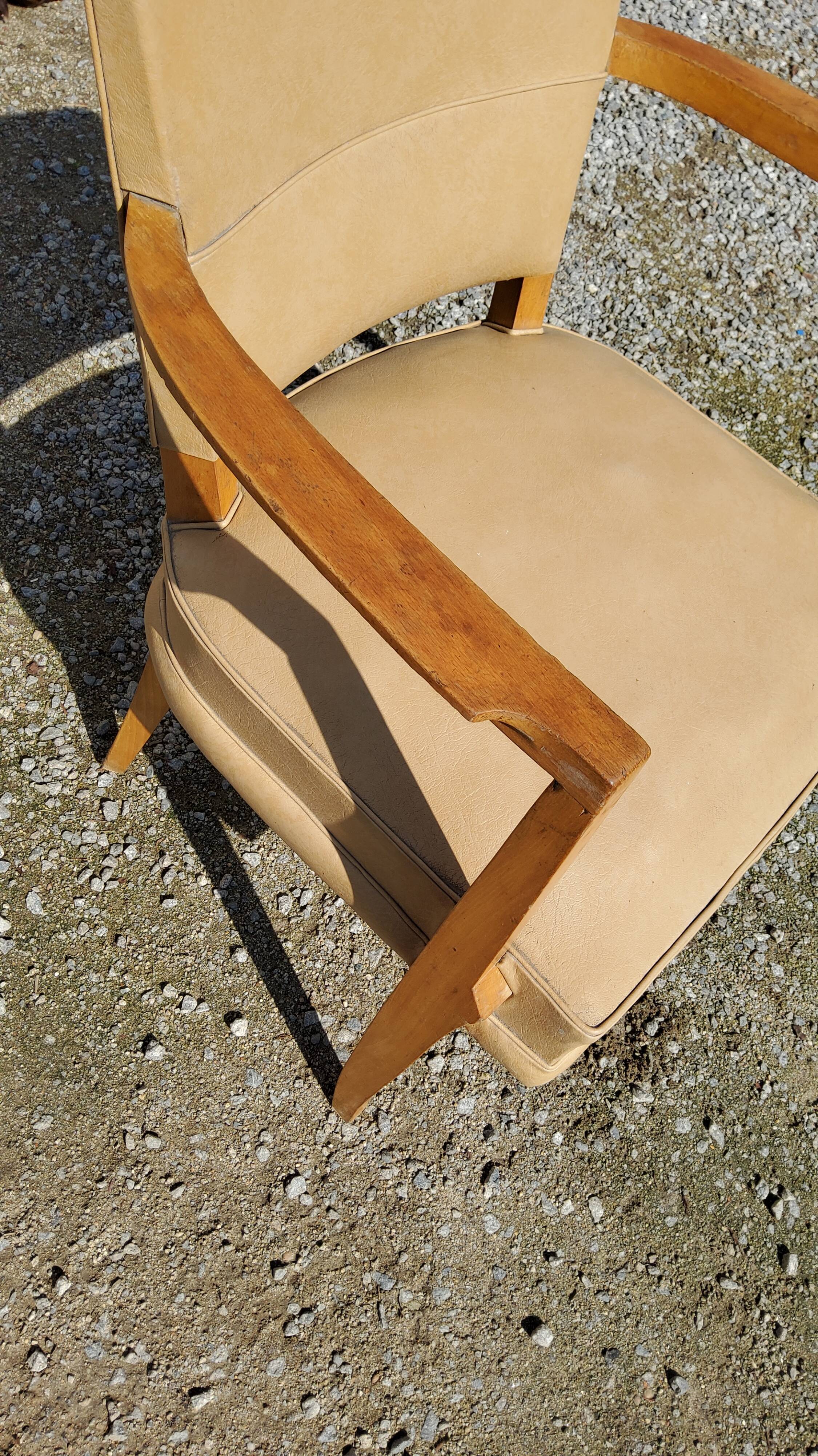 Office armchair from the 50s in beech tinted sycamore and moleskine