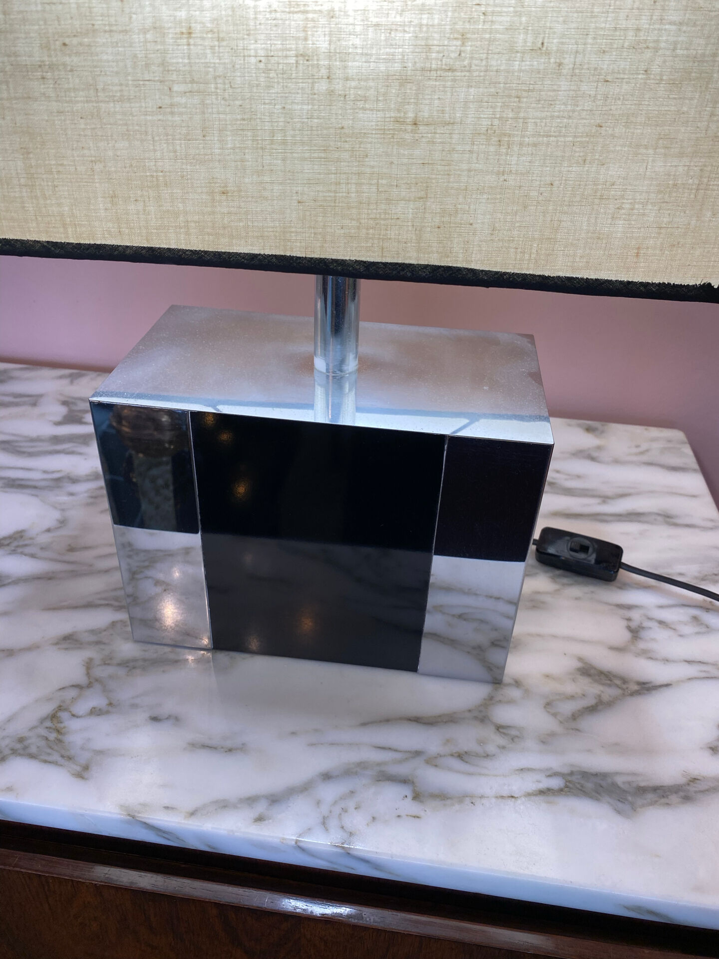 Metal lamp, black plexiglass and its original shade.