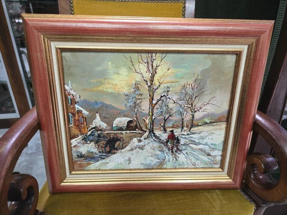 B Franco: Oil on panel depicting a snowy landscape featuring a character.