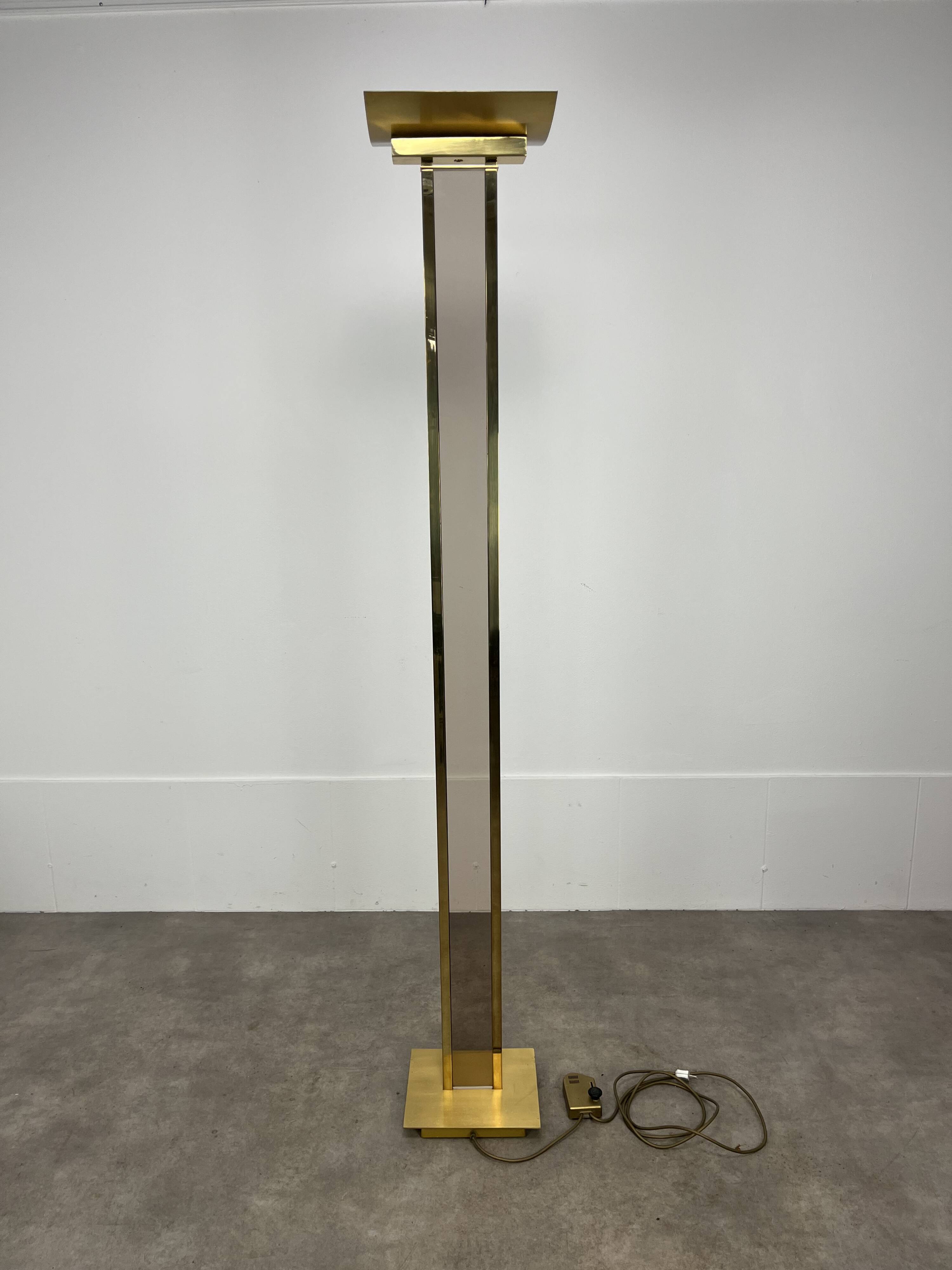 70s floor lamp in brass and smoked plexiglass, Hollywood Regency