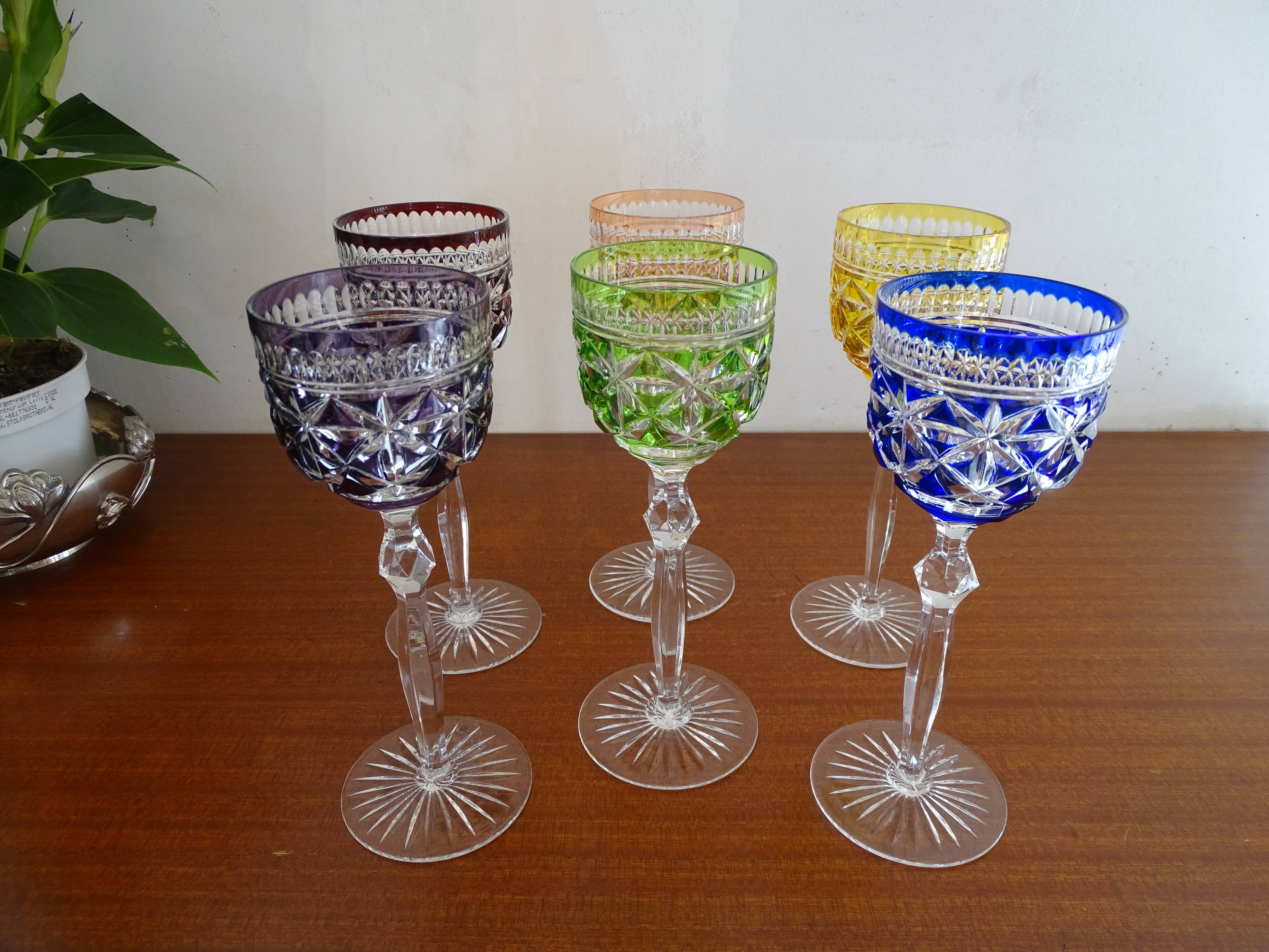 6 glasses of Bohemian crystal wine colored feet stars
