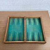 Old game box decorated in wood and felt - Backgammon Lady Dice Game