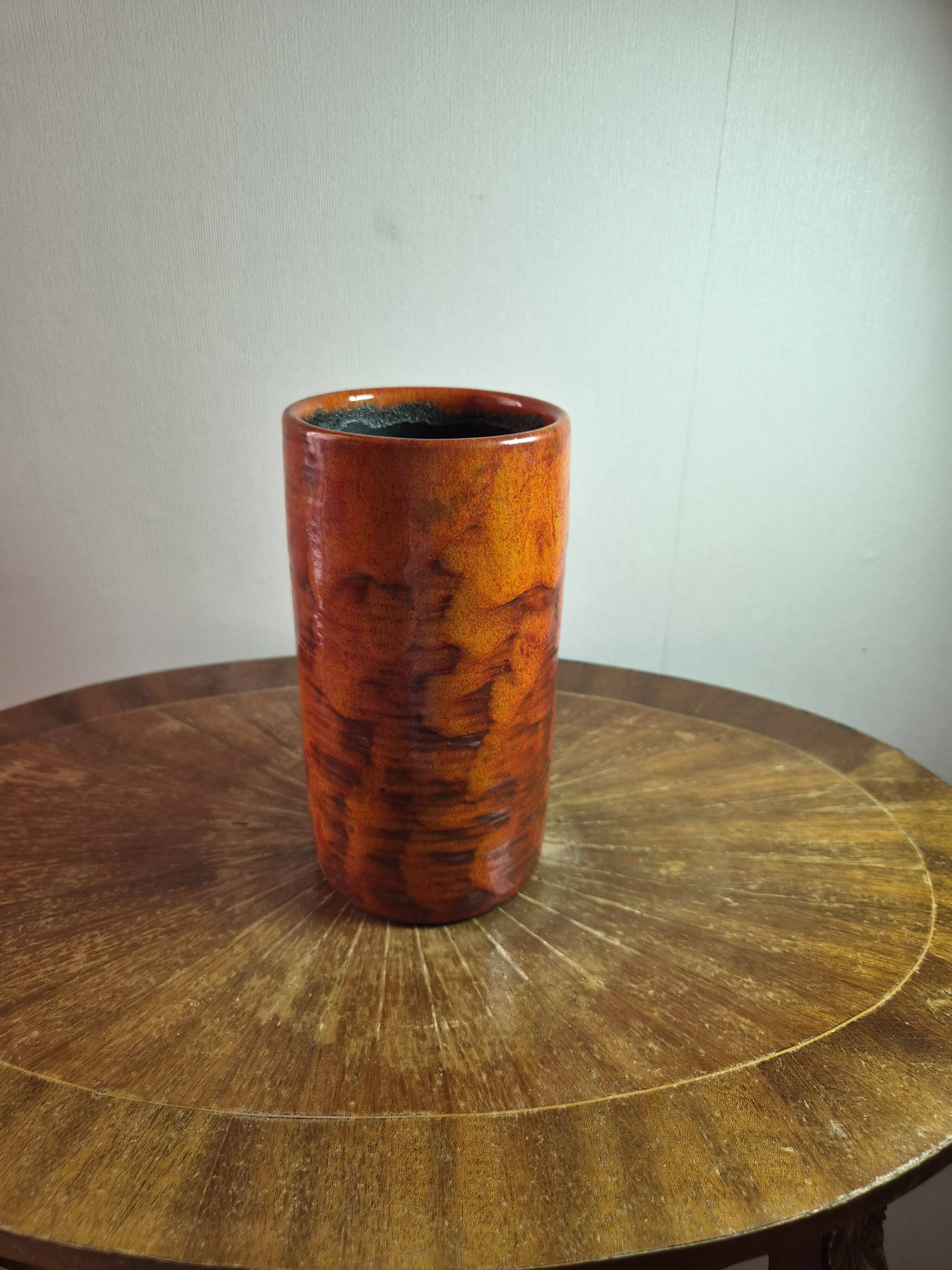 Vintage ceramic vase signed "Miep" with orange flamed glaze.