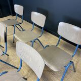 Ensemble de 6 chaises d'école bois gris pieds bleus Pays-Bas années 70/80