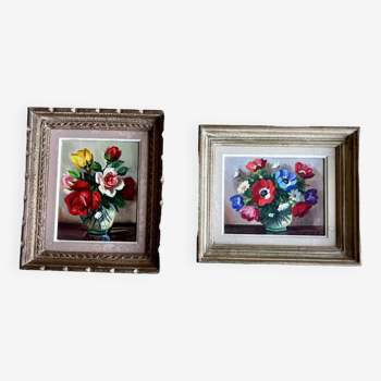 Pair of oil paintings on canvas bouquets signed
