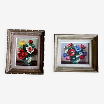 Paire de tableaux huile sur toile bouquets signés