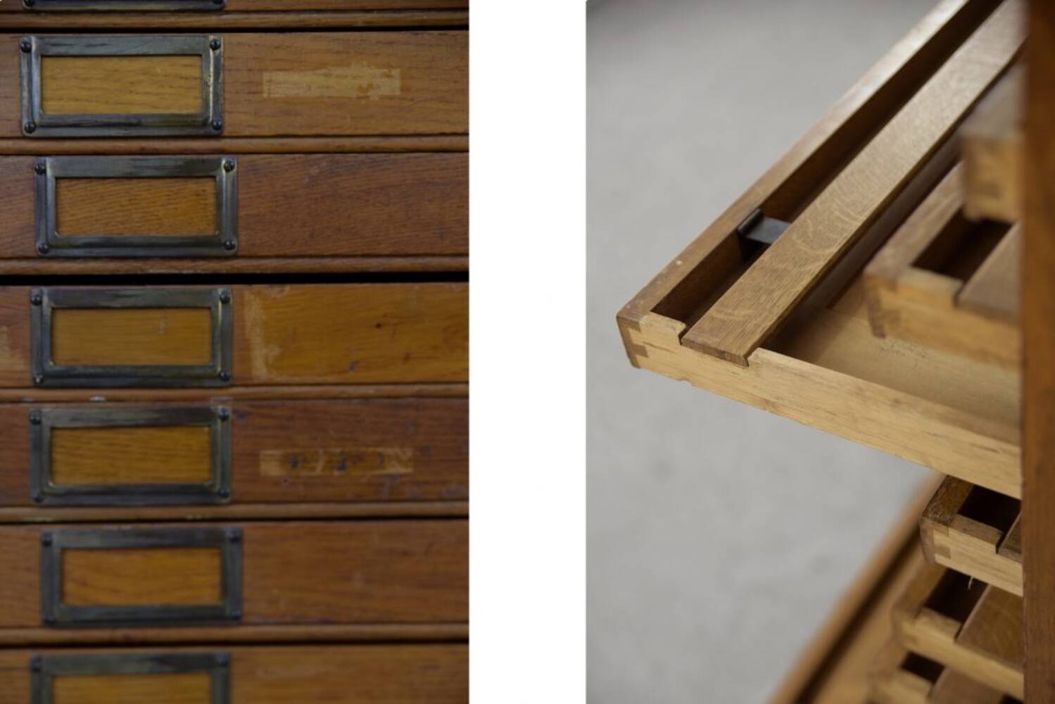 Vintage industrial oak filing cabinet with several drawers, 1930s.