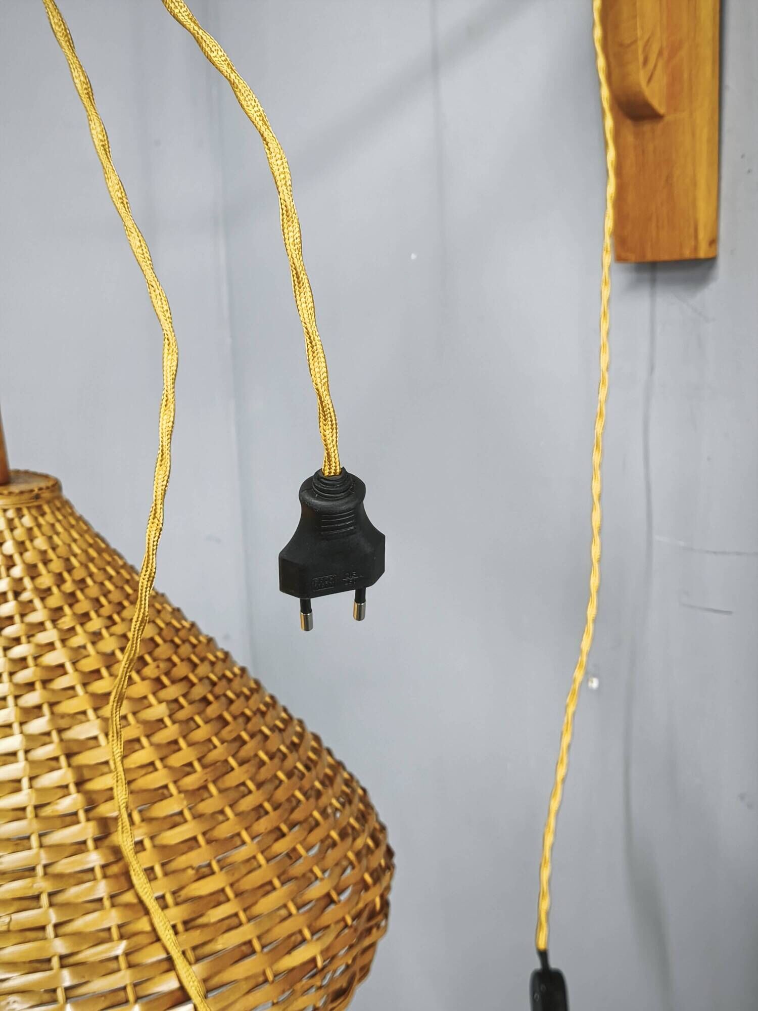 Czechoslovak Rattan and Wood Swing Arm Wall Lamp, 1960s