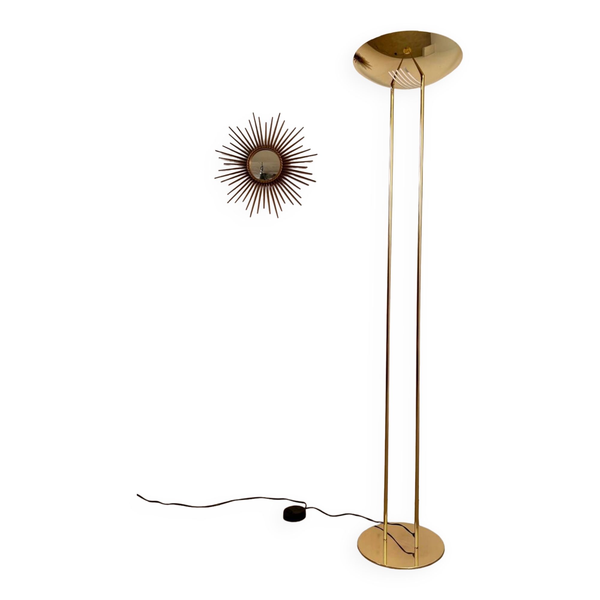 Old golden brass floor lamp with Italian design bulb from the 70s vintage