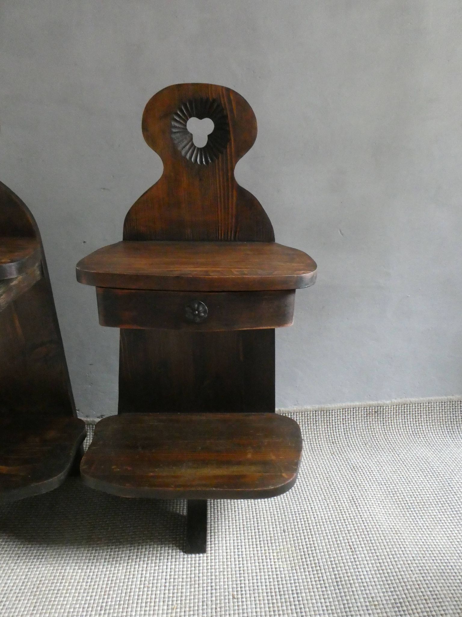 Pair of bedside tables, mountain folk art, circa 1960