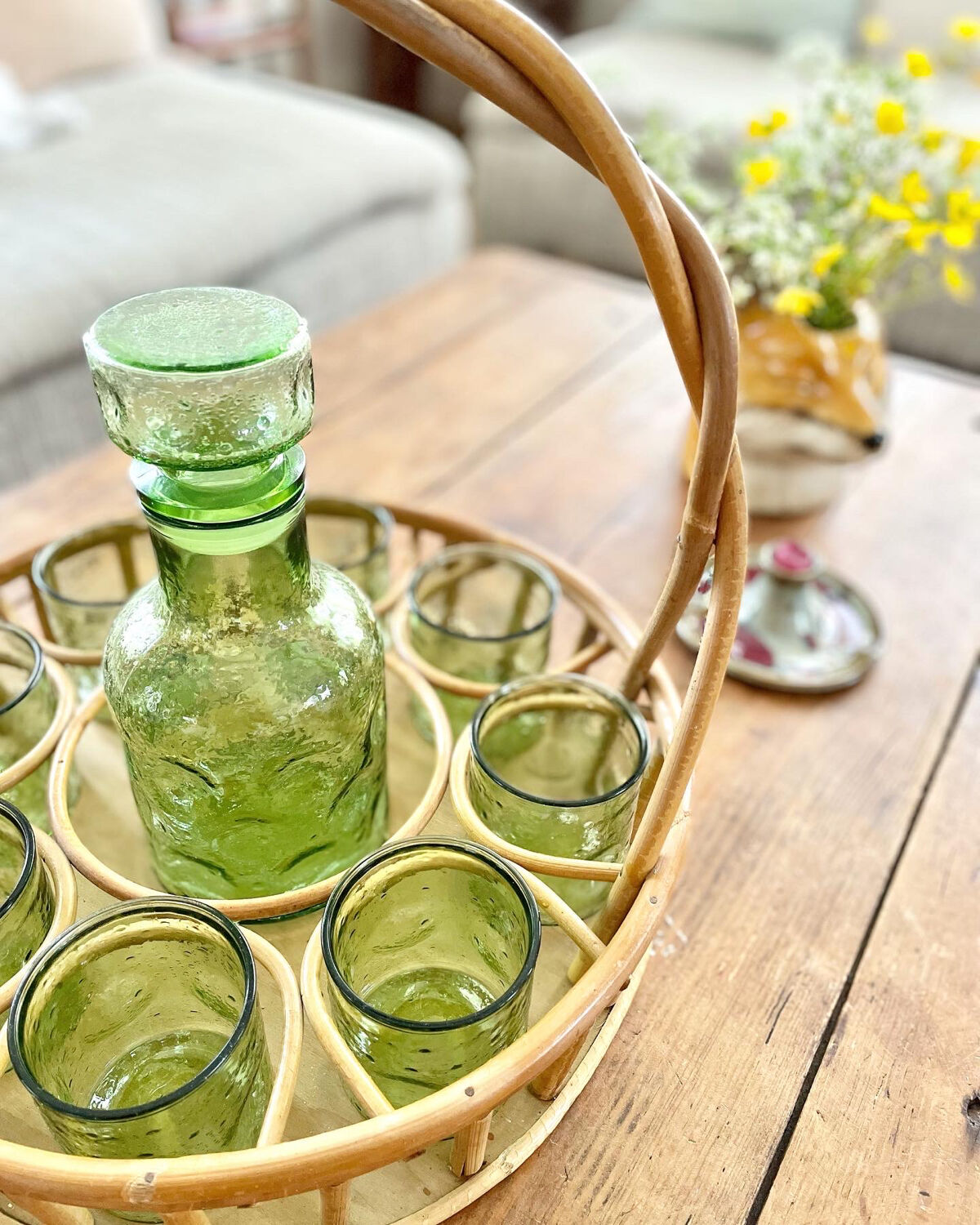 Service at orangeade vintage seventies green glass and rattan basket
