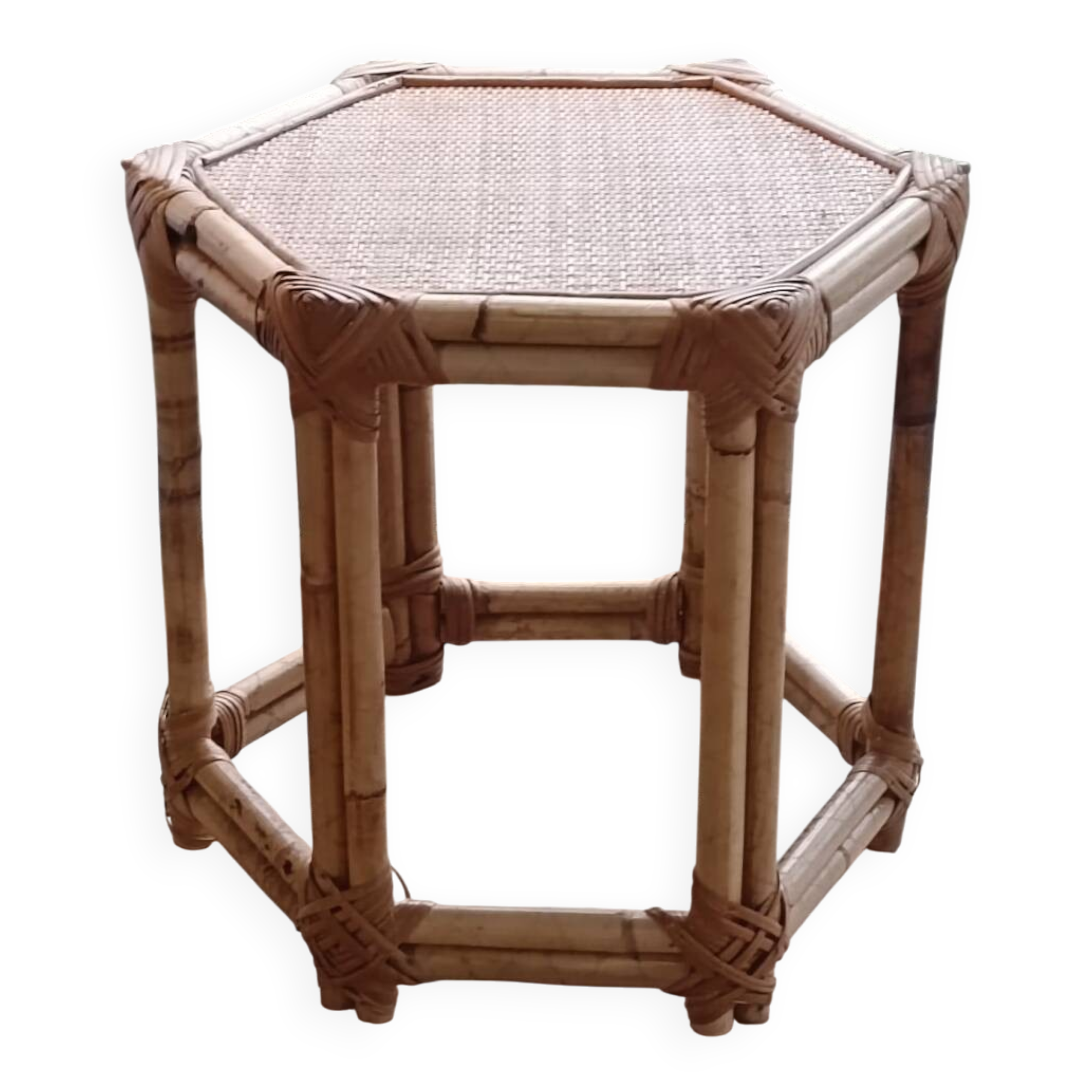 Vintage side table in rattan and bamboo, France, hexagonal.