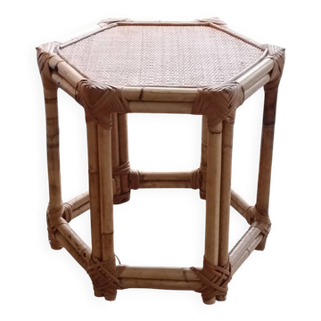 Table d'appoint vintage en rotin et bambou, France, hexagonale