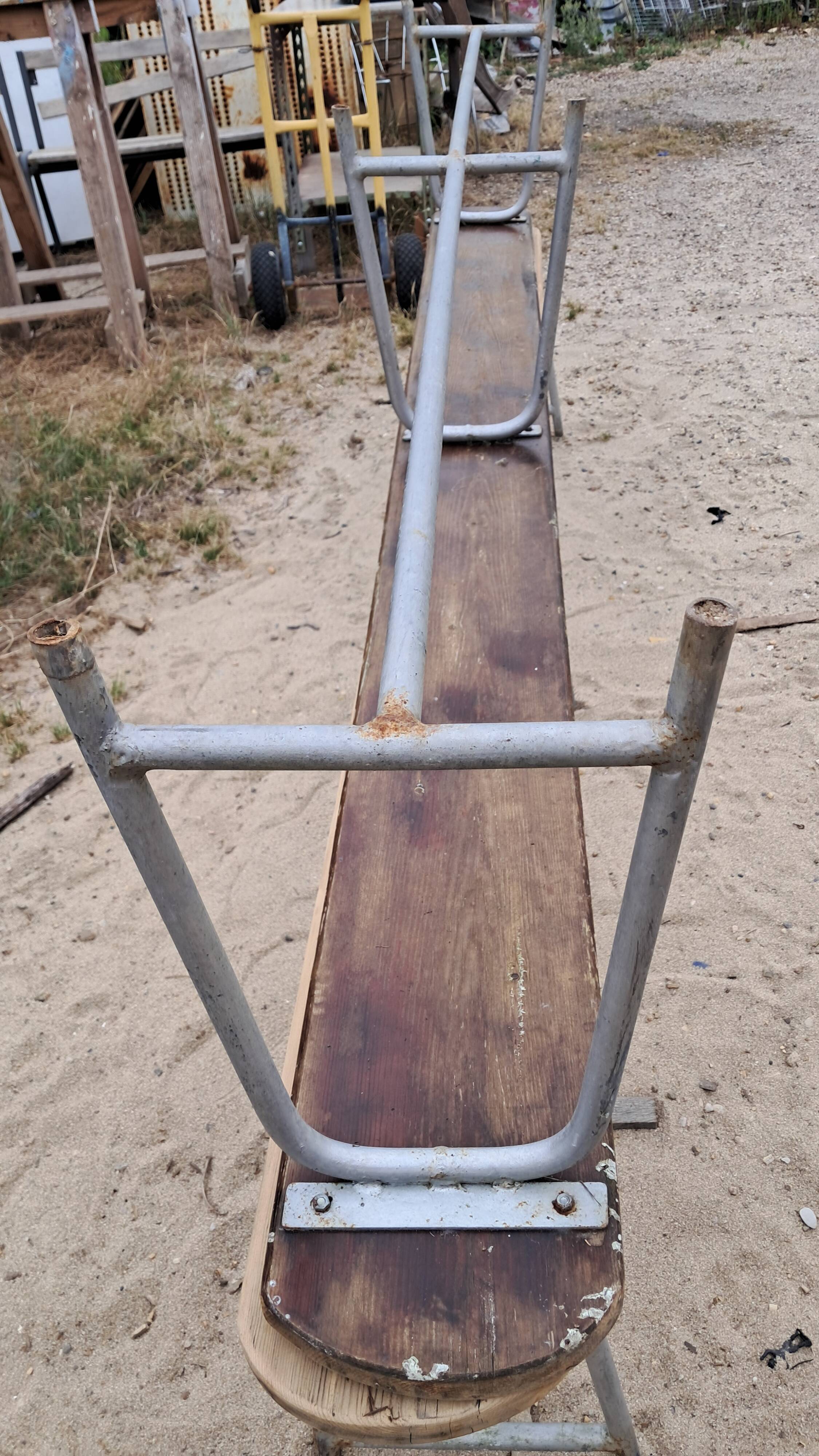 vintage metal and wood bench pair