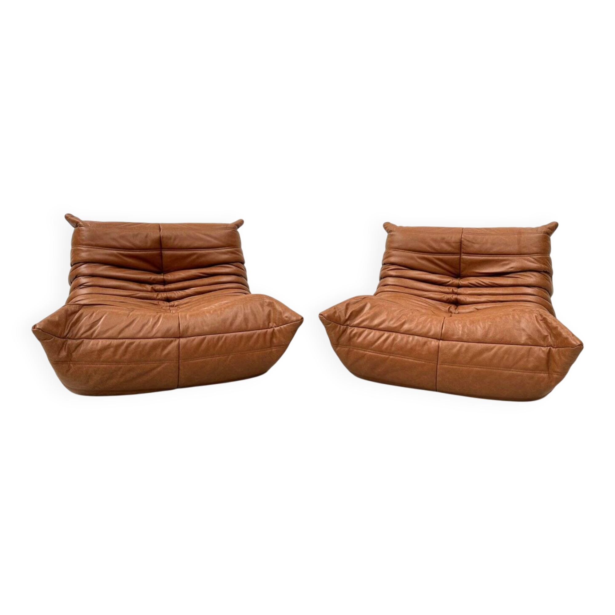 Togo lounge chairs in cognac cow leather attributed to Michel Ducaroy for Ligne Roset, set of 2