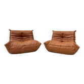 Togo lounge chairs in cognac cow leather attributed to Michel Ducaroy for Ligne Roset, set of 2