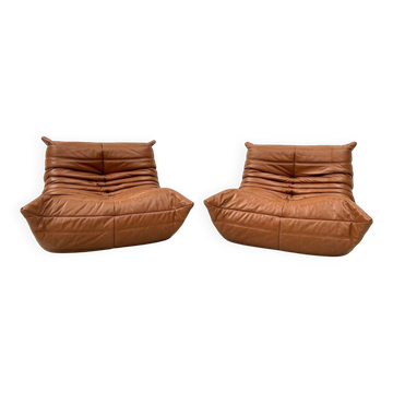 Chaises longues Togo en cuir de vache cognac attribuées à Michel Ducaroy pour Ligne Roset, ensemble de 2.