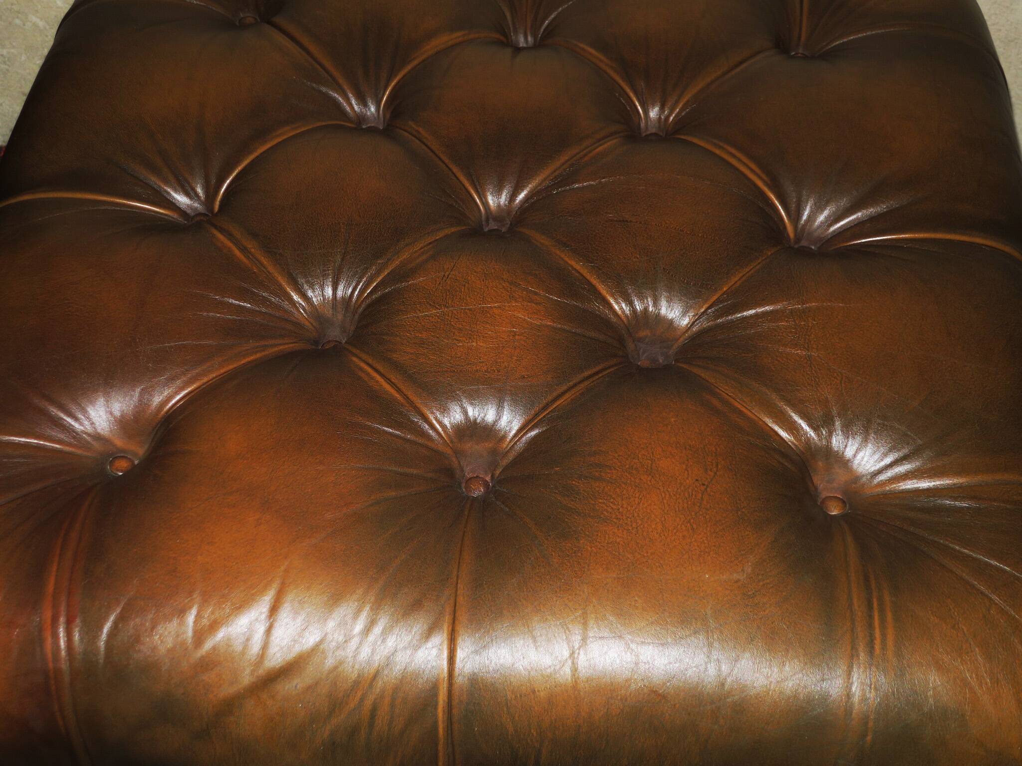 Chesterfield brown tufted leather pouffe ottoman