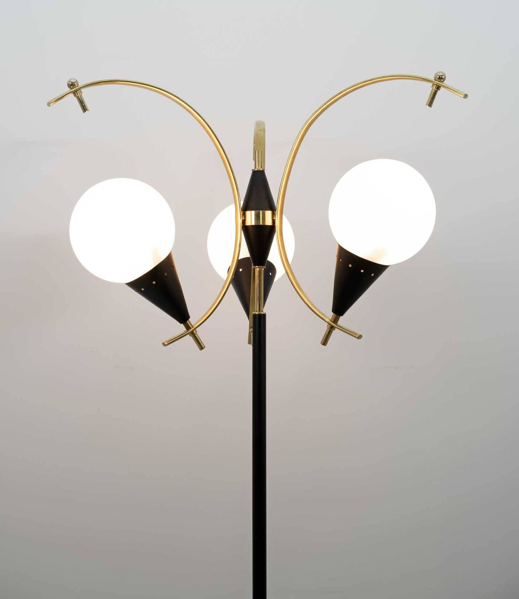Stilnovo Mid-Century Modern Italian Brass and Opaline Glass Floor Lamp, 50