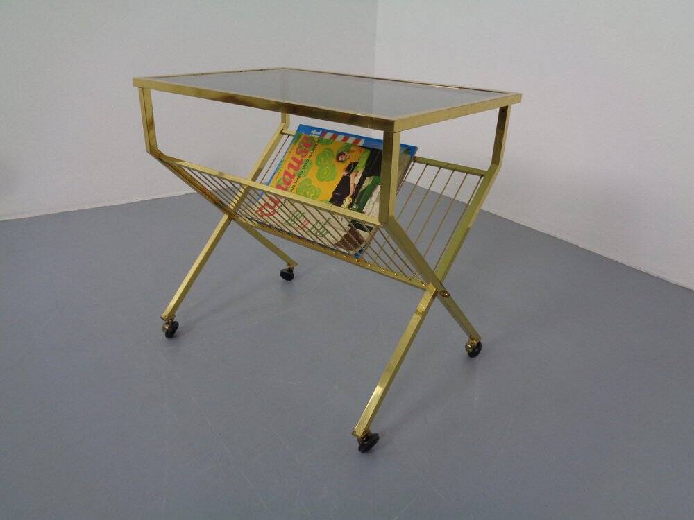 French brass and glass cart with magazine rack, 1960s