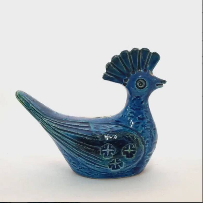 Pair of vintage peacock statues, Aldo Londi for Bitossi, Rimini blu series.