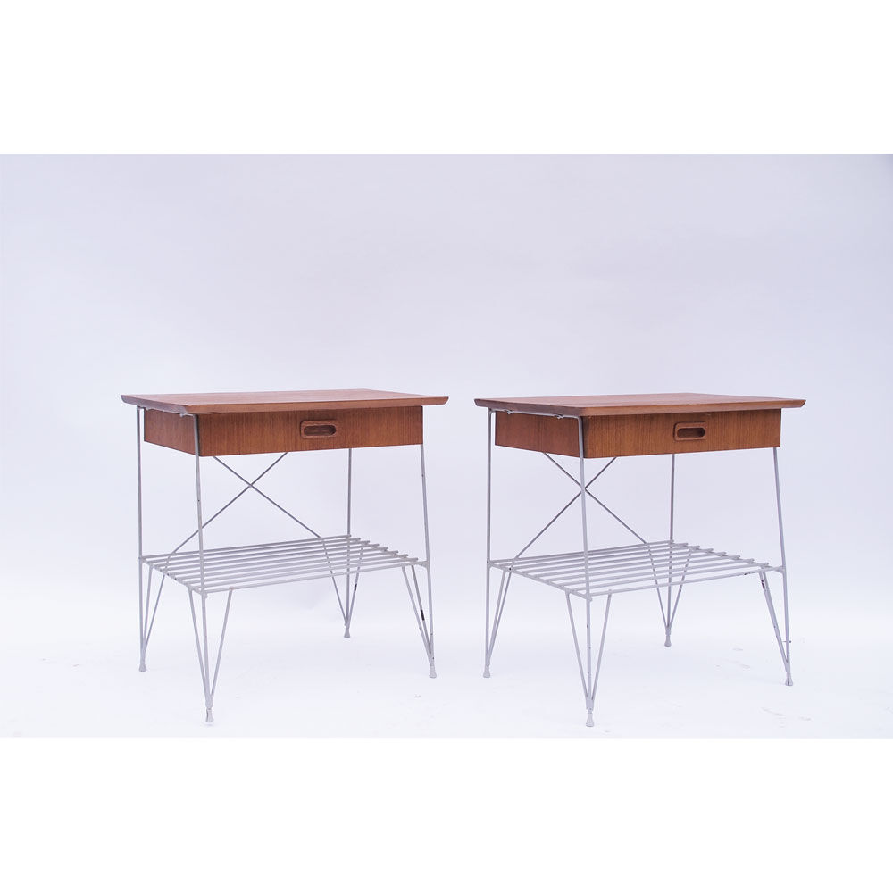 Pair of vintage Danish Scandinavian bedside tables teak & metal