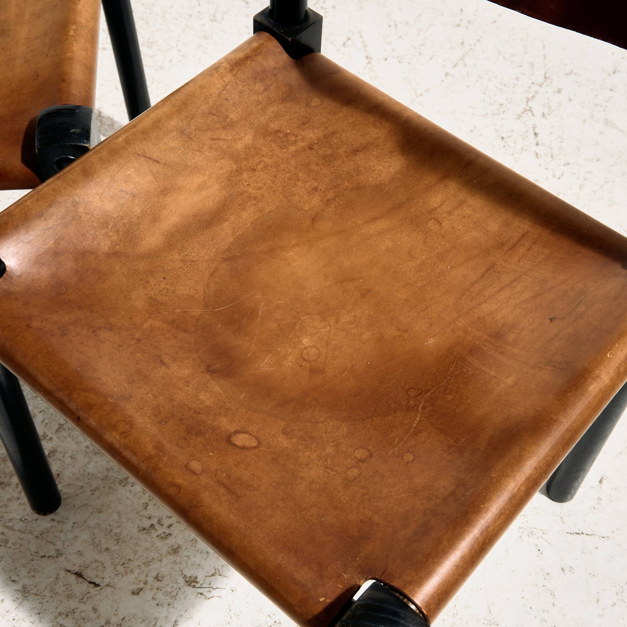 Brutalist beech and leather chair, set of 4